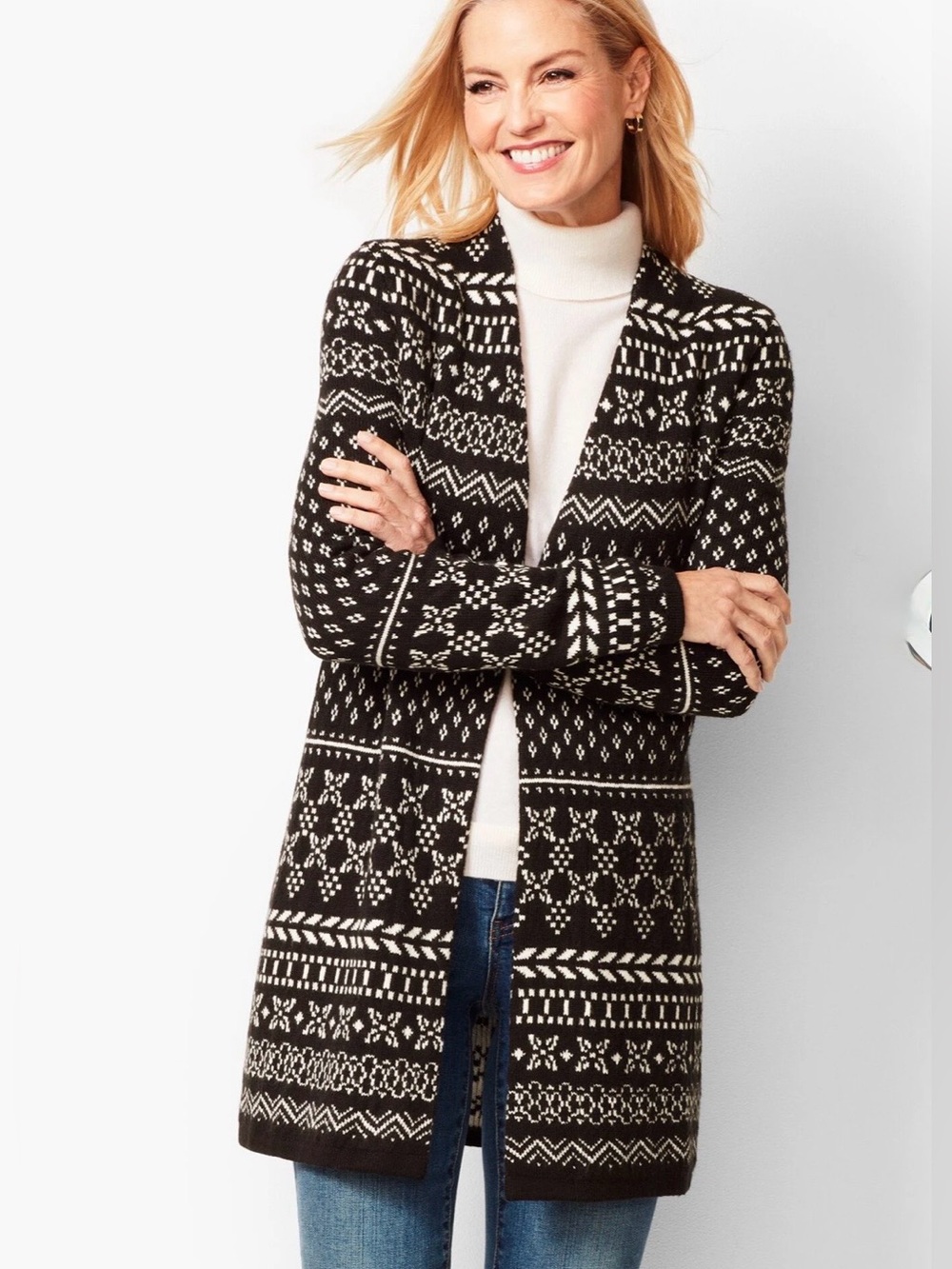 Talbots Fair Isle Cardigan Sweater Womens 1X Open Front Knit Chunky Duster Long